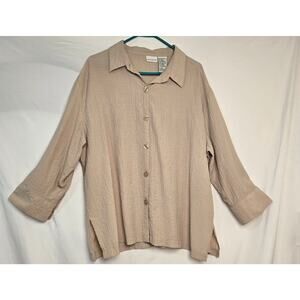 White Stage Beige Crinkle Blouse Button Up 3/4 Cuffed Sleeves Size XL (16-18)